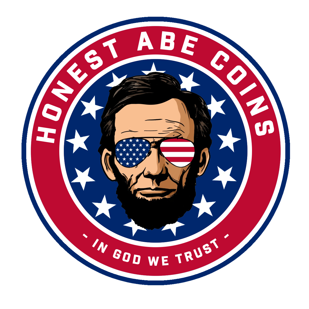 Honest Abe Coins: Abraham Lincoln wearing American flag sunglasses, surrounded by stars and the words In God We Trust