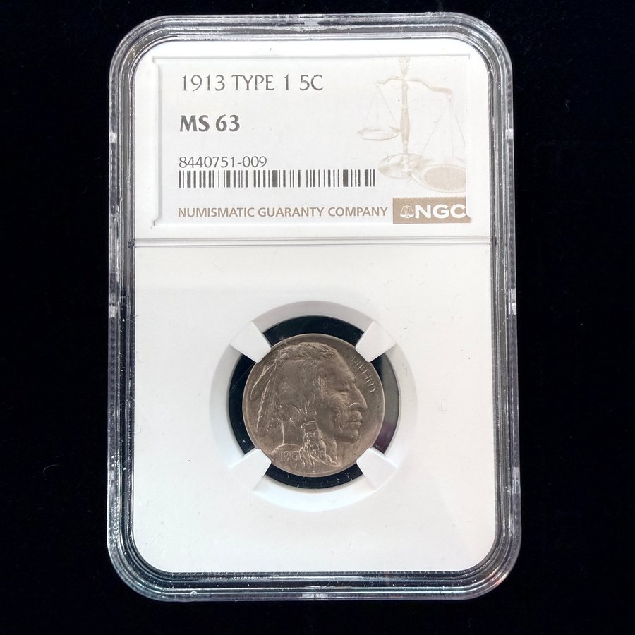 A 1913 Type 1 Buffalo nickel graded MS 63 by NGC in a protective holder